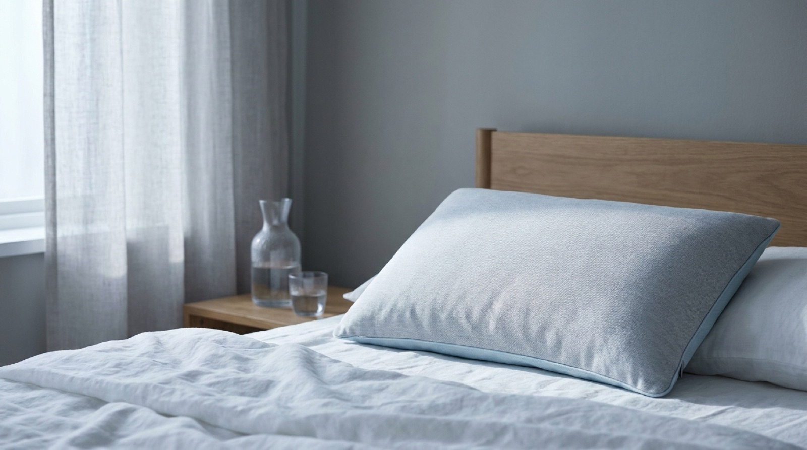 The FRØST cooling pillow on crisp white linen in soft morning light