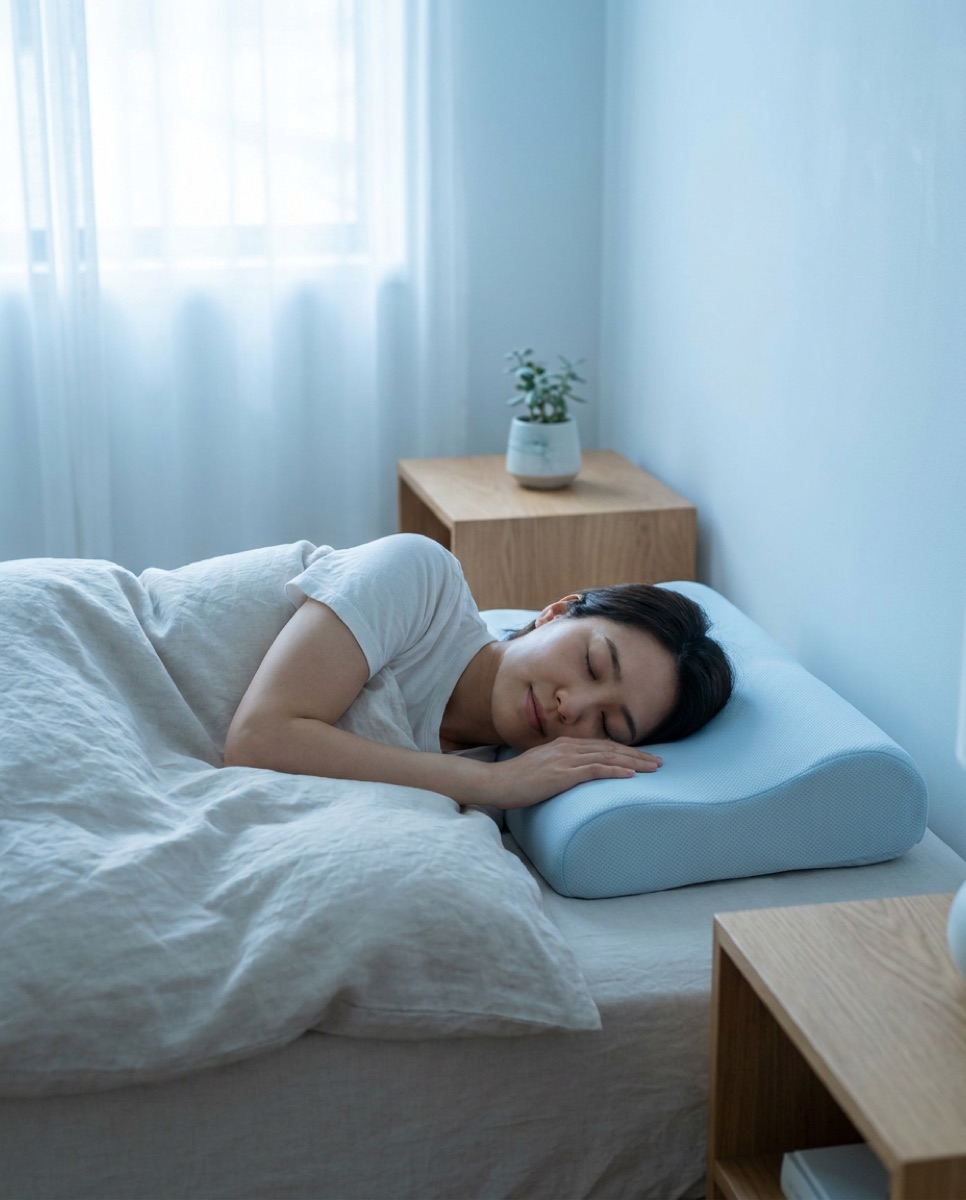 A calm sleeper resting on a FRØST cooling pillow in soft dawn light